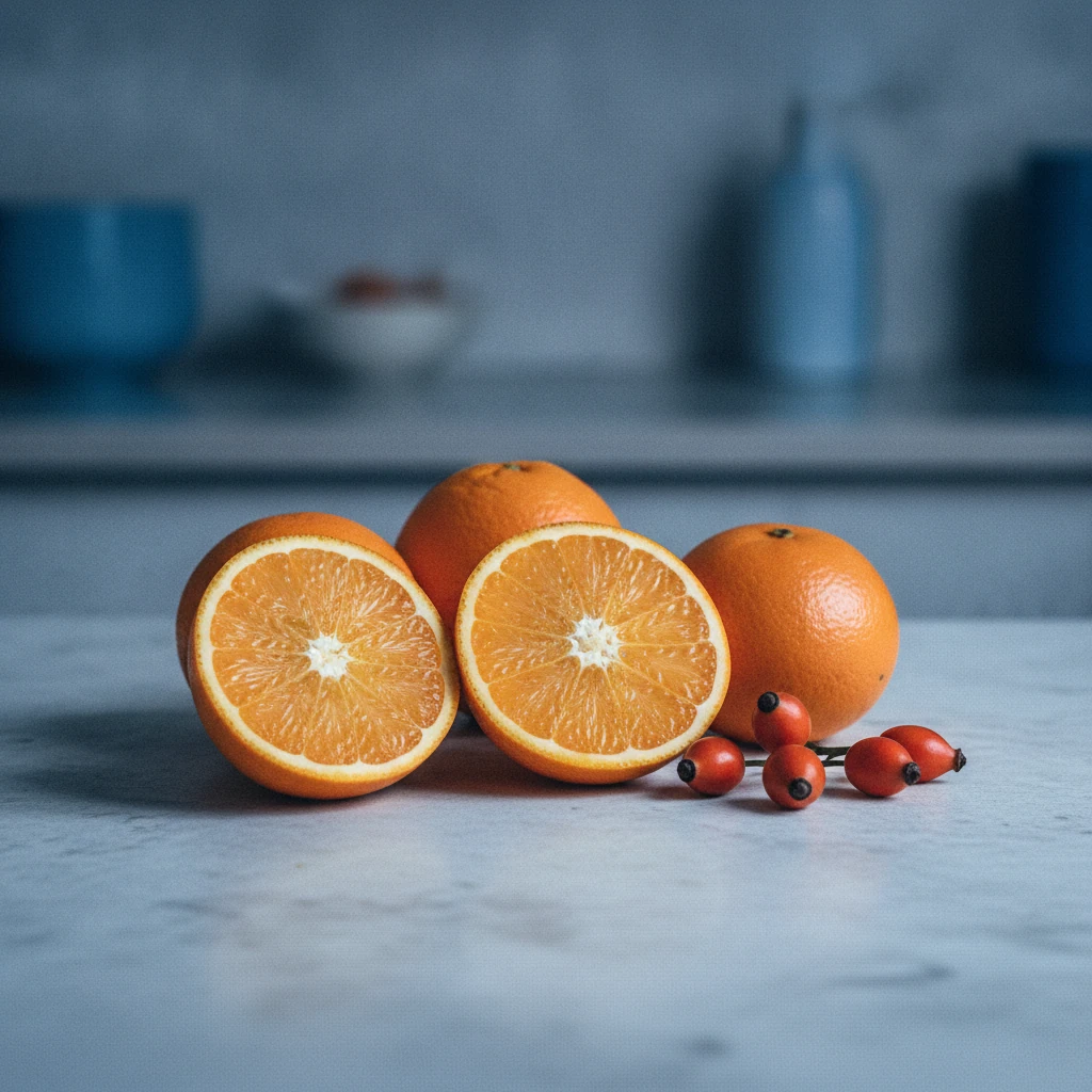 Tuoreita appelsiineja ja ruusunmarjoja vaalealla pöydällä